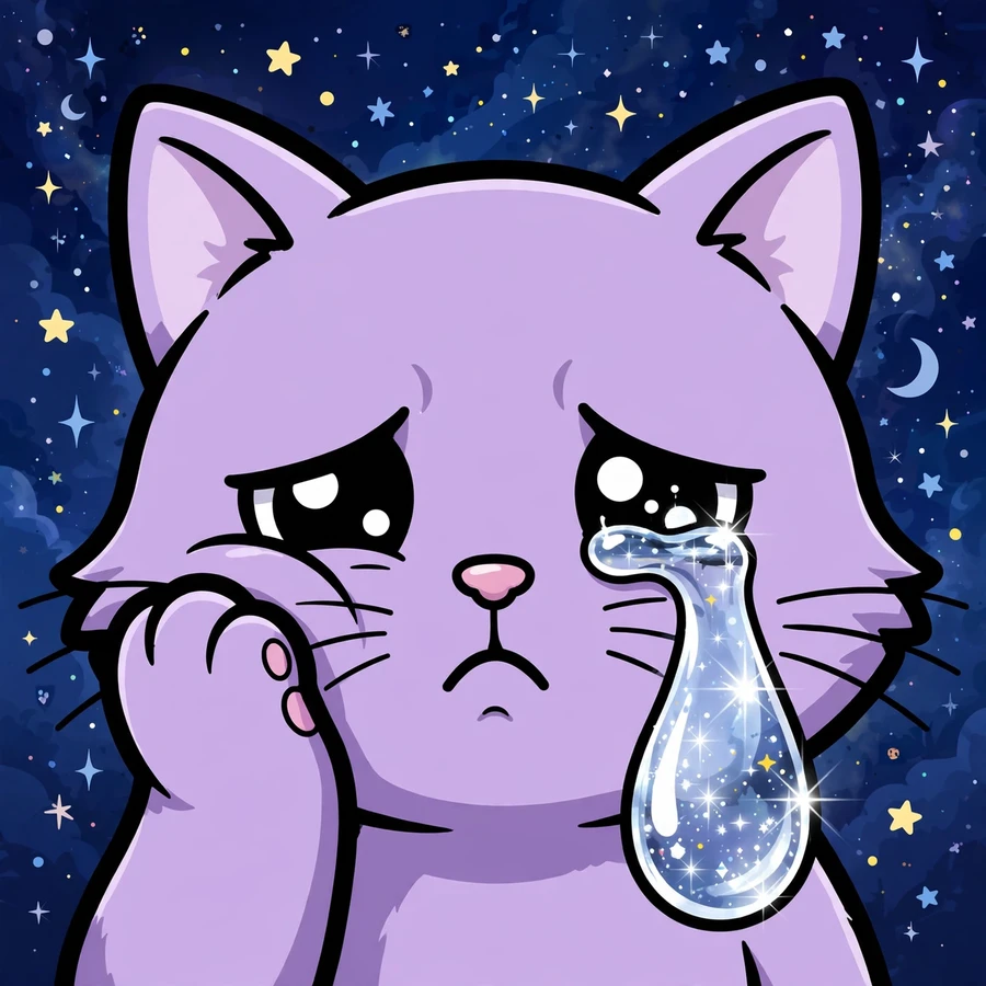 Aesthetic meme pfp of a lavender cat crying one sparkling tear