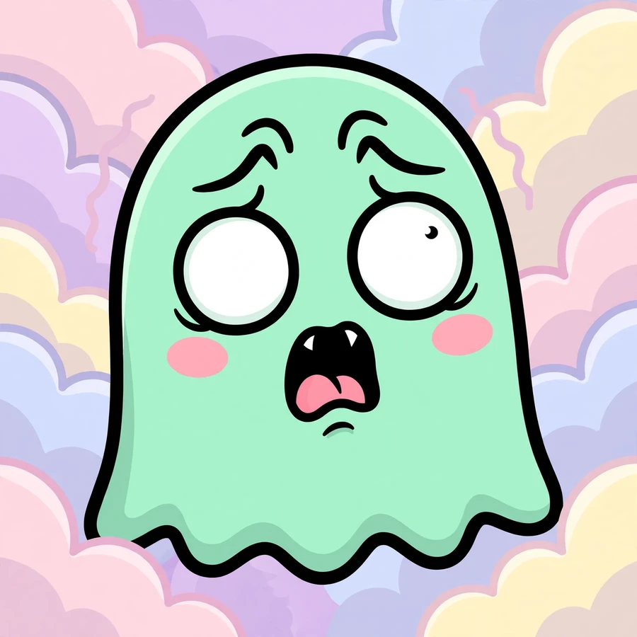 Funny aesthetic pfp of a blushing mint-green ghost in pastel clouds