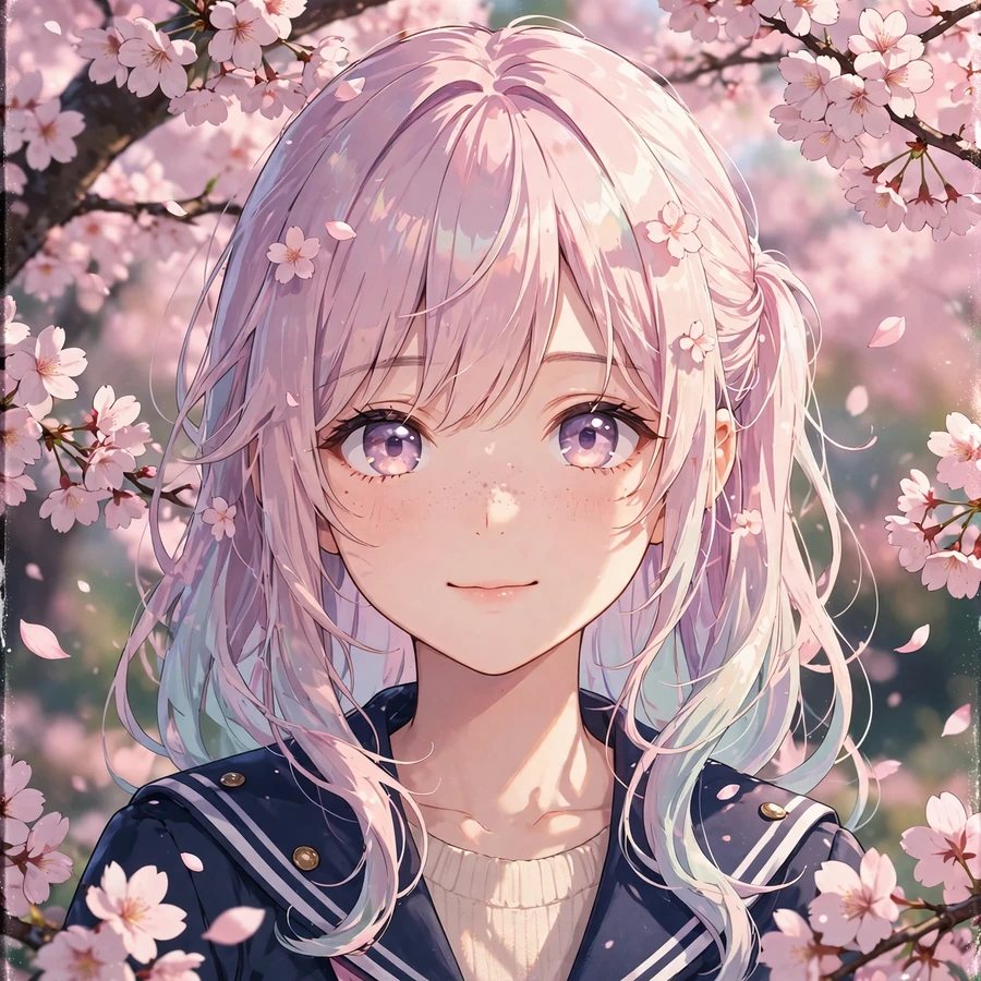 Aesthetic anime pfp: girl with pastel hair under cherry blossoms