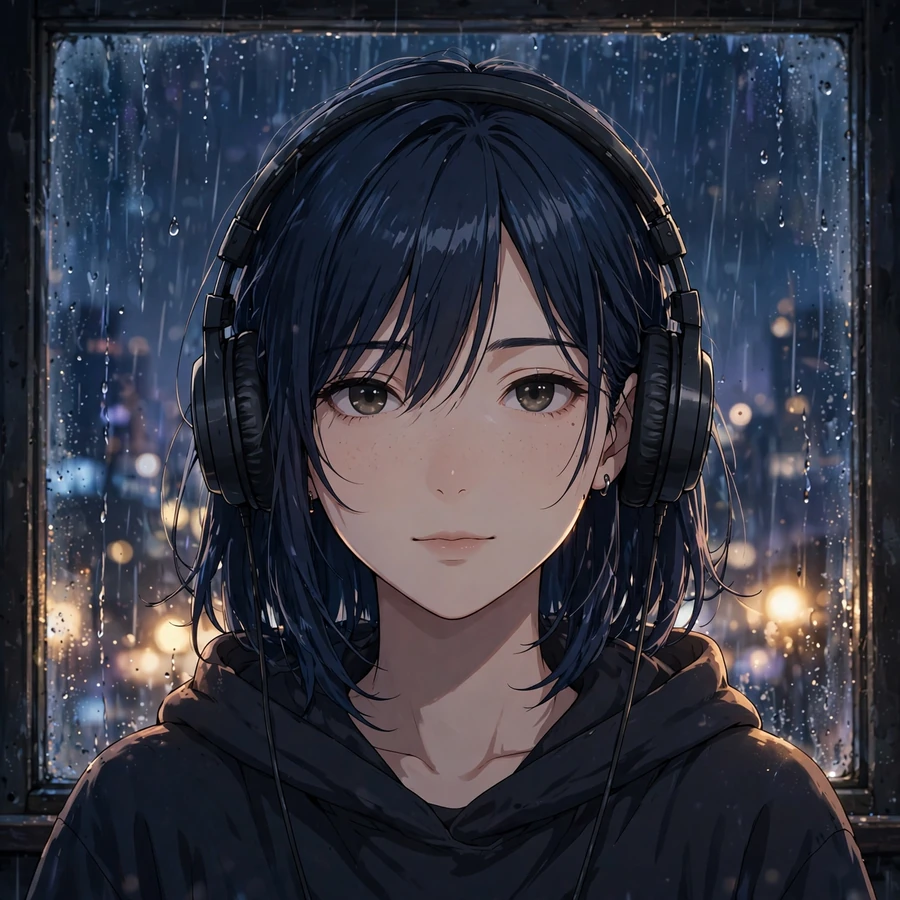 Aesthetic anime pfp: lo-fi anime girl with headphones at rainy window