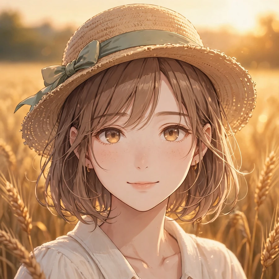 Aesthetic pfp: soft anime girl with straw hat in wheat field