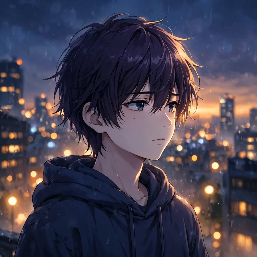 Aesthetic anime pfp: melancholic anime boy gazing at city lights