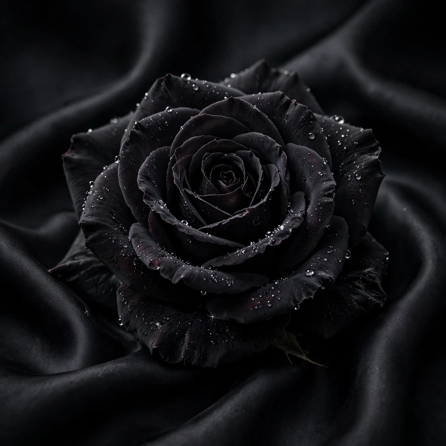 Black aesthetic pfp: elegant black rose with dew on dark silk