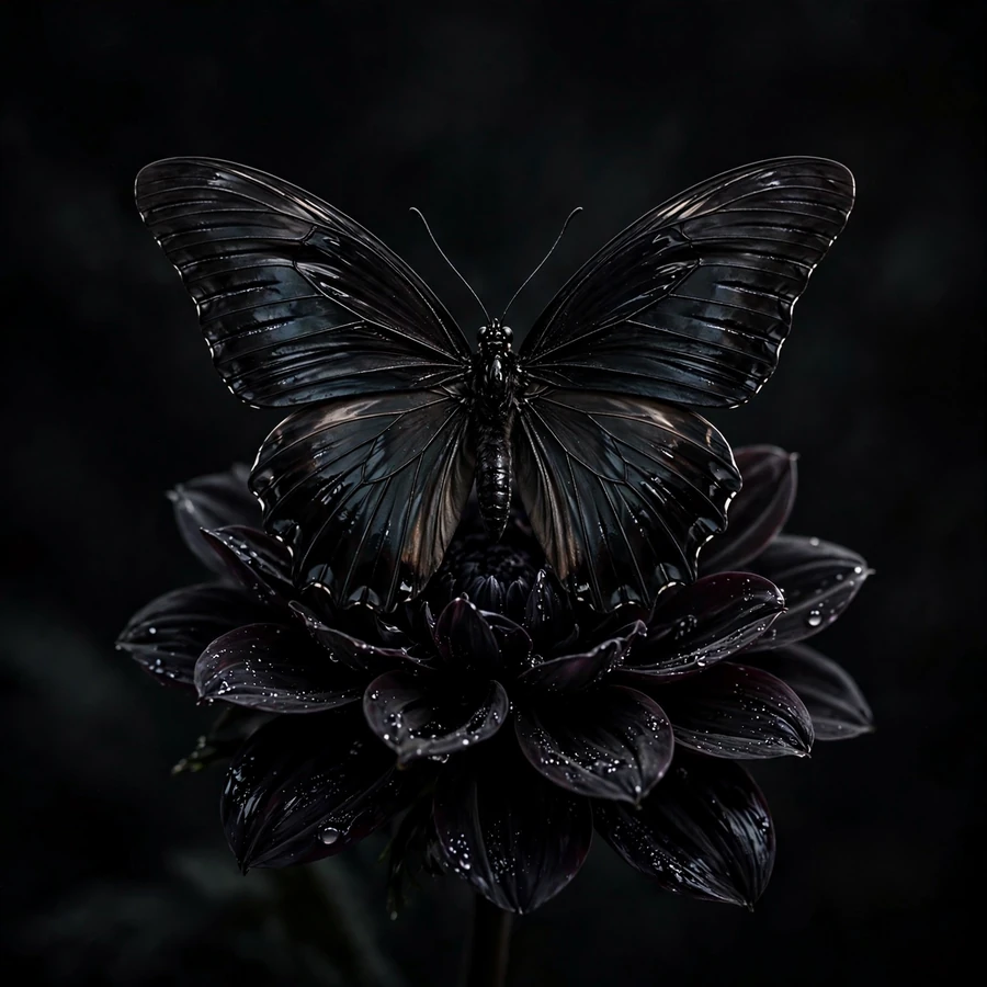 Black pfp aesthetic: glossy black butterfly on dark flower
