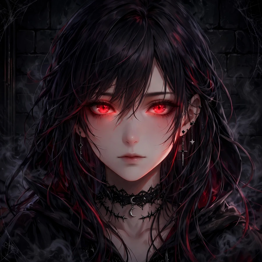 Dark aesthetic pfp: dark aesthetic anime girl with glowing red eyes in shadowy room