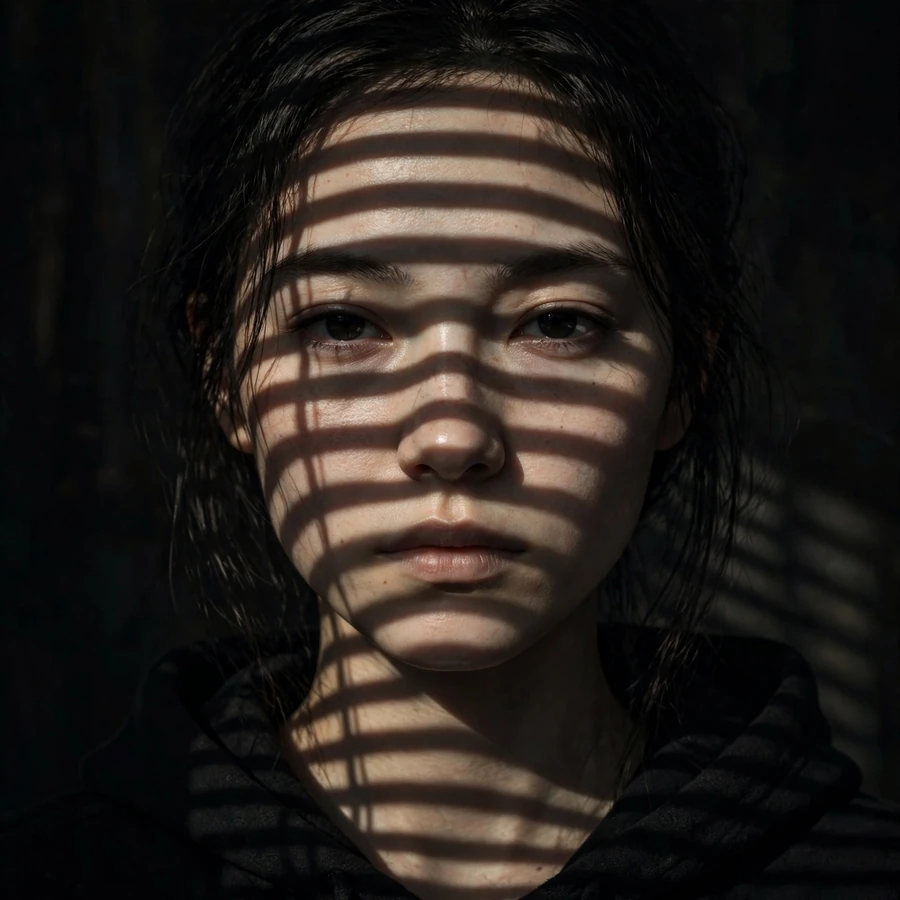 Aesthetic dark pfp: moody portrait with venetian blind shadows across face