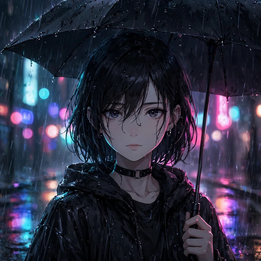 Dark aesthetic anime pfp: girl with black umbrella in rainy neon street