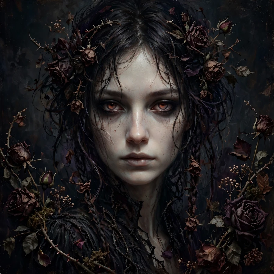Dark aesthetic creepy pfp: creepy-beautiful portrait with wilted roses