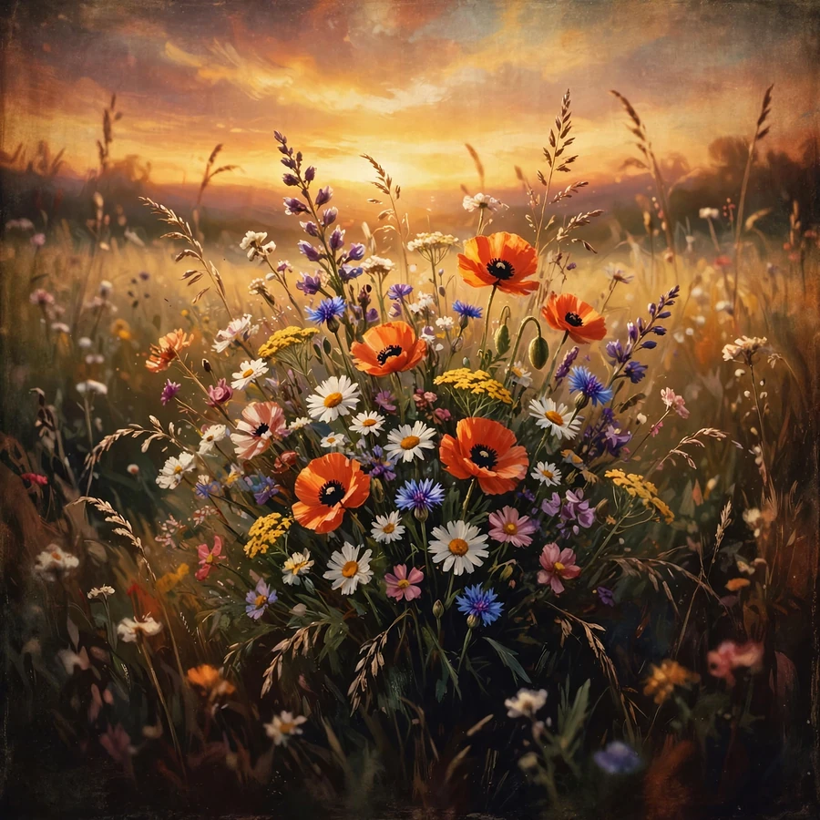 Aesthetic flower pfp: wildflower meadow at sunset with vintage filter