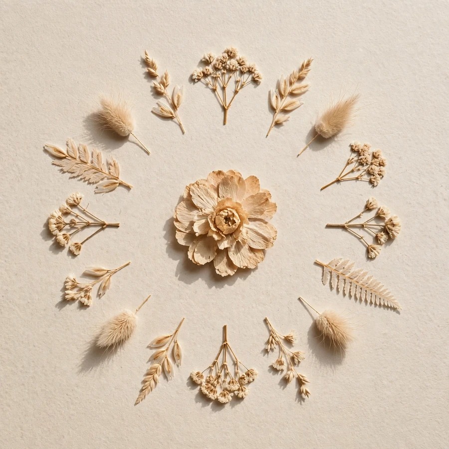 Flower pfp aesthetic: pressed dried flowers flat-lay in beige tones