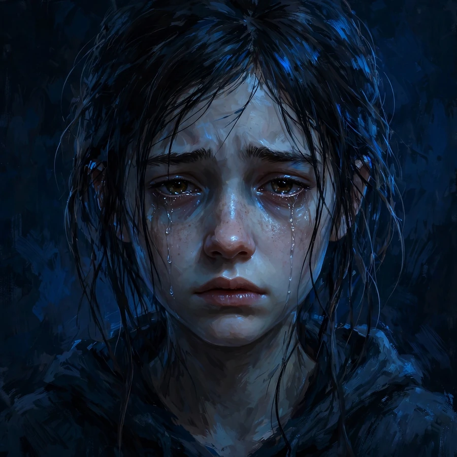Depressed aesthetic: girl with tear-streaked face in dim blue light