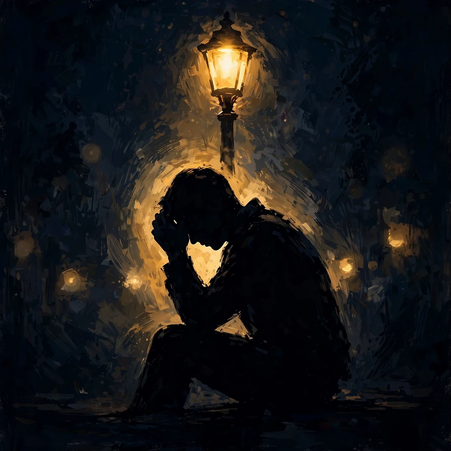Unknown pfp aesthetic: silhouette with head in hands under streetlamp