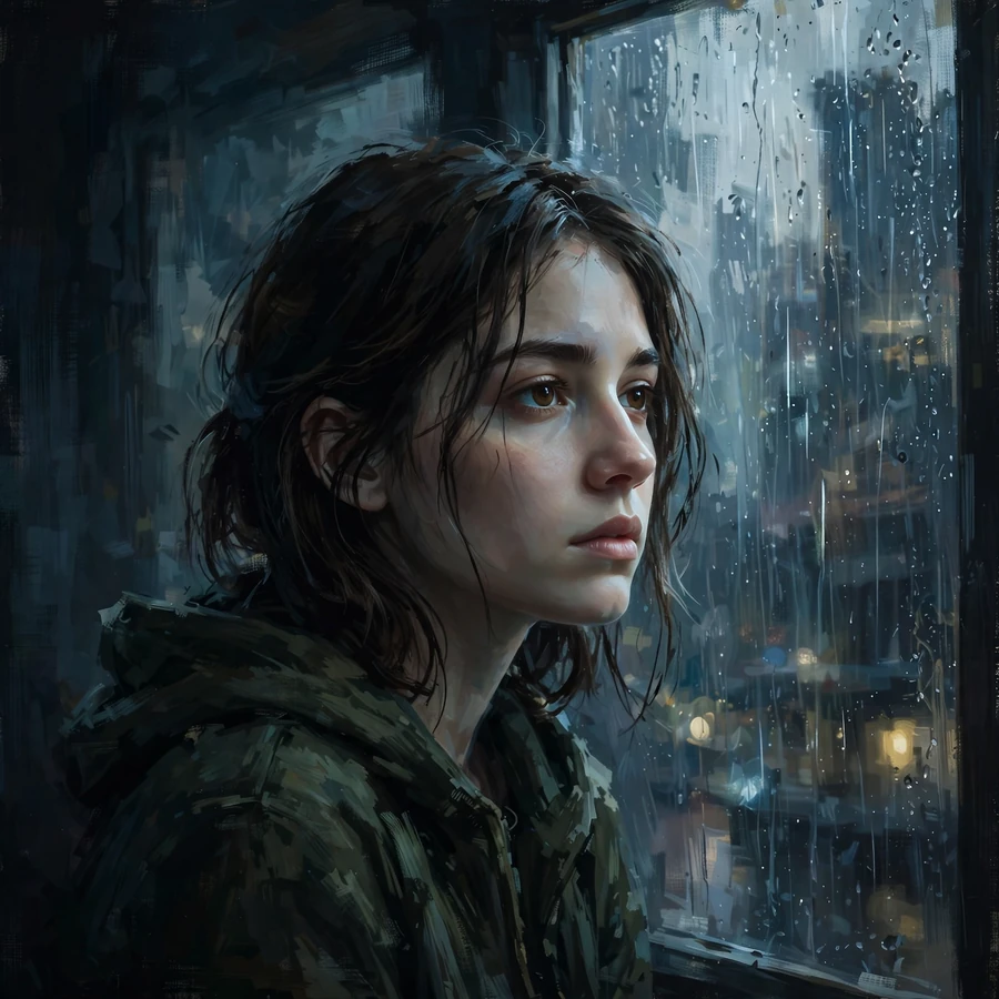 Sad pfp aesthetic: moody portrait staring out rain-streaked window