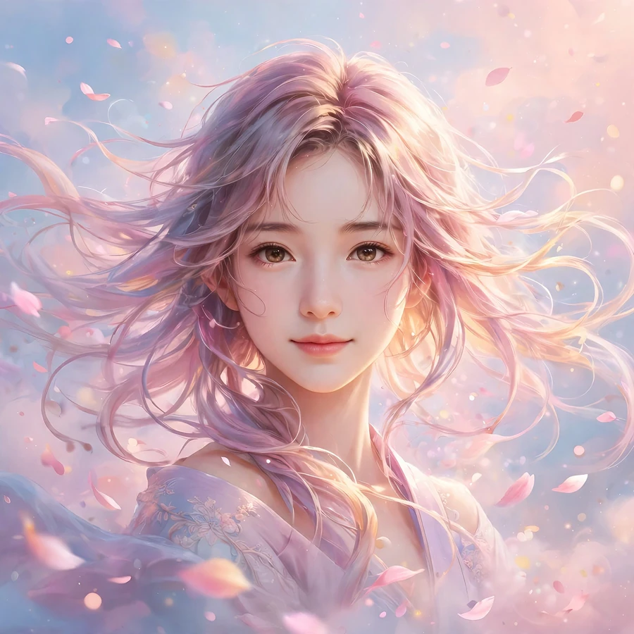 Aesthetic pfp girl: girl with flowing hair among floating petals in pastel haze
