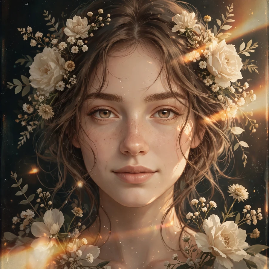 Pfp aesthetic: soft aesthetic portrait with cream flowers and vintage light leaks