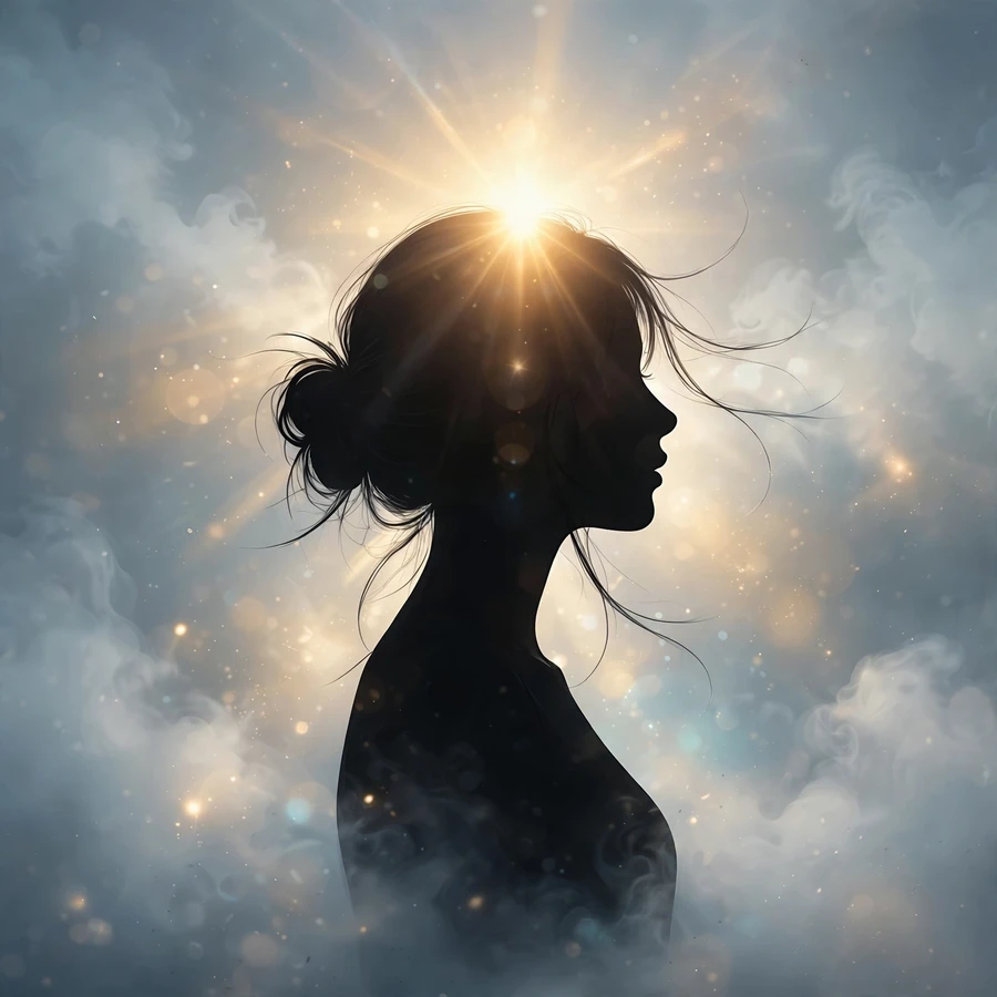 Aesthetic pfps: ethereal girl silhouette in morning mist with soft lens flare