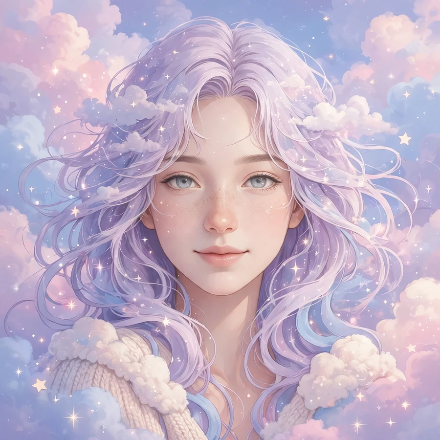 Soft aesthetic pfp: pastel dreamy portrait with clouds and tiny stars