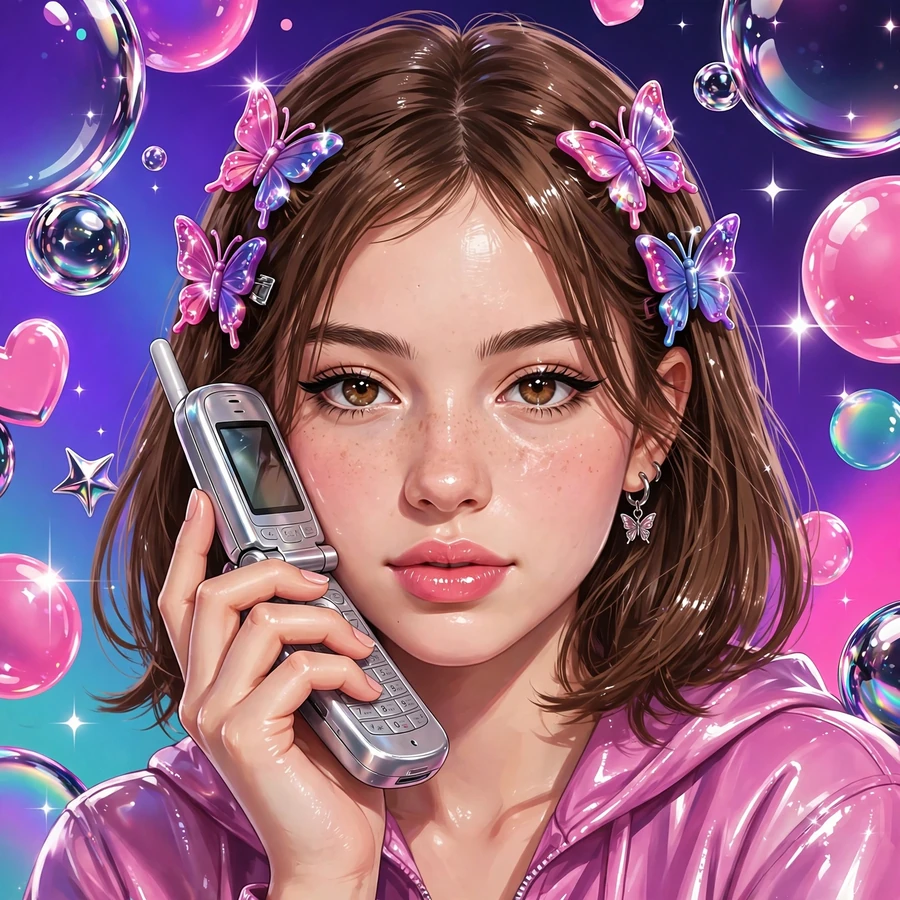 Y2k pfp aesthetic: girl with butterfly clips and flip phone