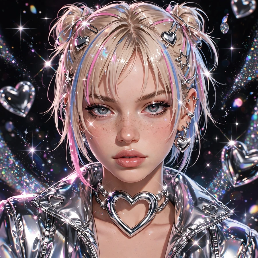 Y2k pfp aesthetic: chrome-heart portrait with sparkles