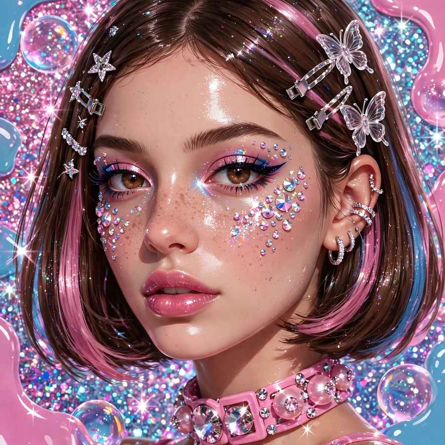 Pfp aesthetic: y2k glitter portrait with rhinestone details