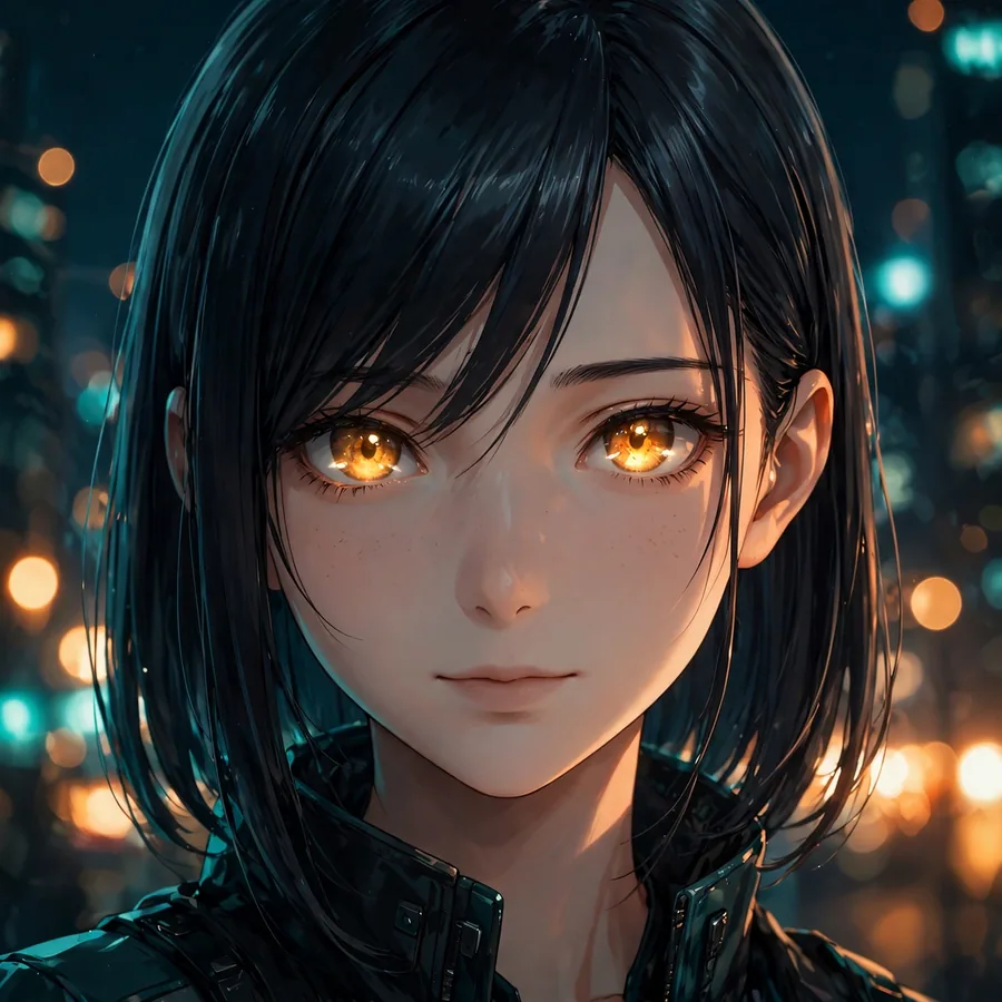 Aesthetic anime girl pfp with night city lights bokeh and cinematic teal-orange glow
