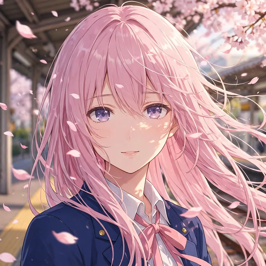 Aesthetic anime girl pfp with pink hair at a cherry blossom train station in spring light