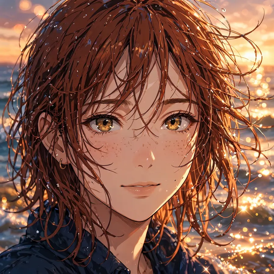 Aesthetic anime girl pfp with windswept hair at ocean sunset golden hour