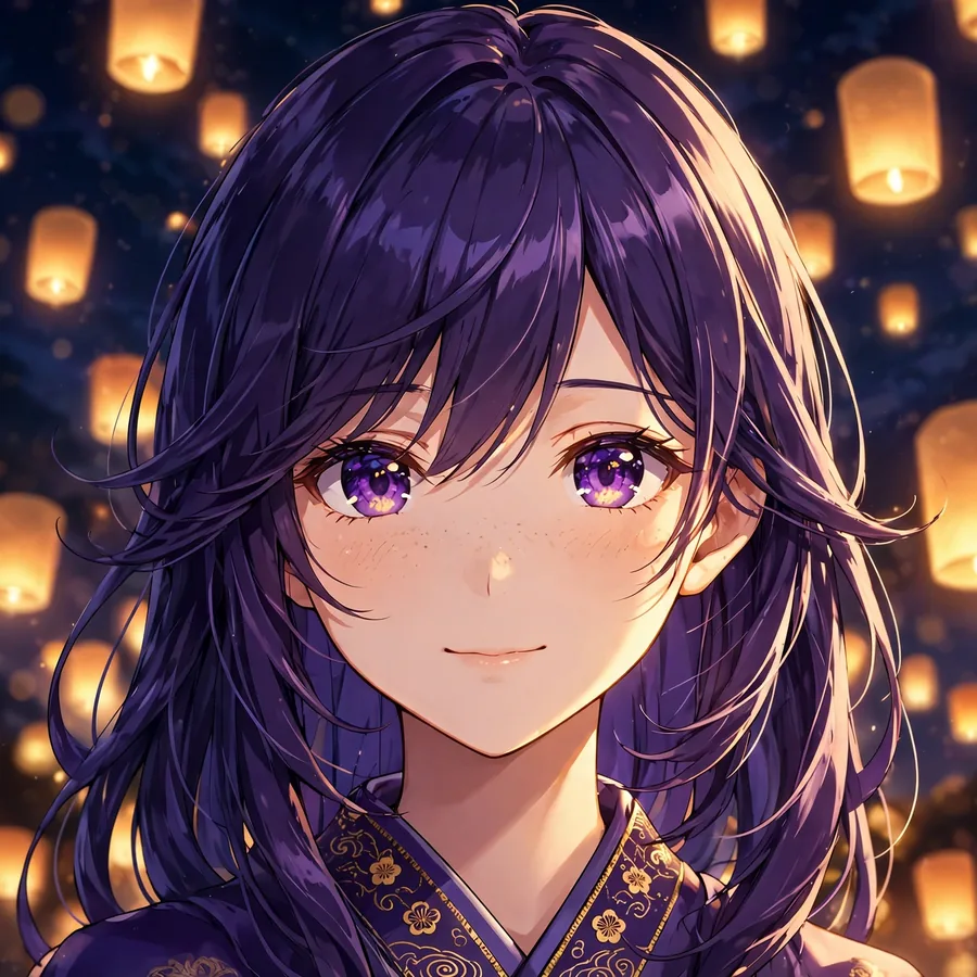 Aesthetic anime girl pfp with floating lanterns at a night lantern festival