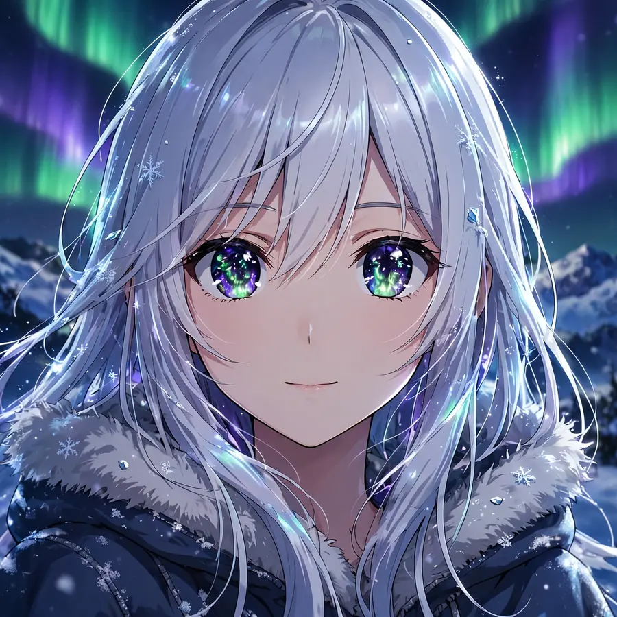 Aesthetic anime girl pfp with silver hair under aurora borealis and snowy mountains
