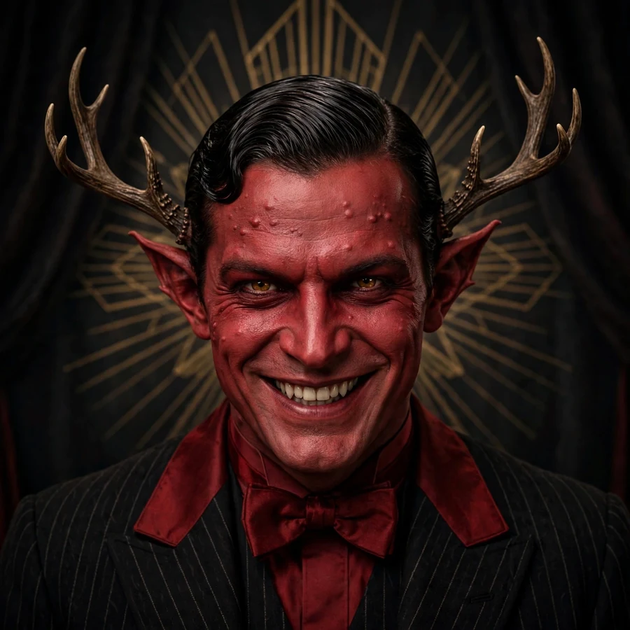 Classic Alastor pfp: original pinstripe suit and red bowtie grin
