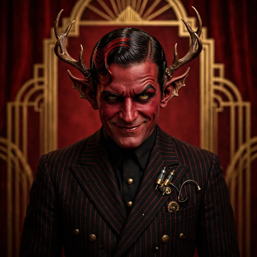 Alastor pfp classic: original sly grin against a red curtain