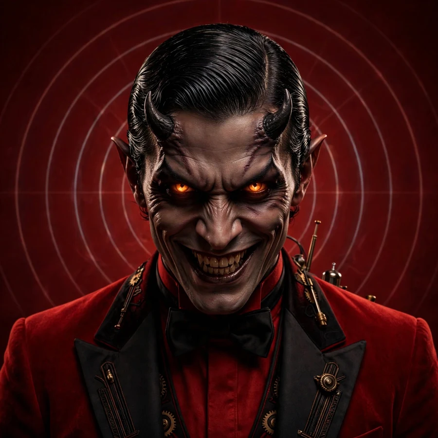 Dark Alastor pfp: original glowing orange eyes and radio rings