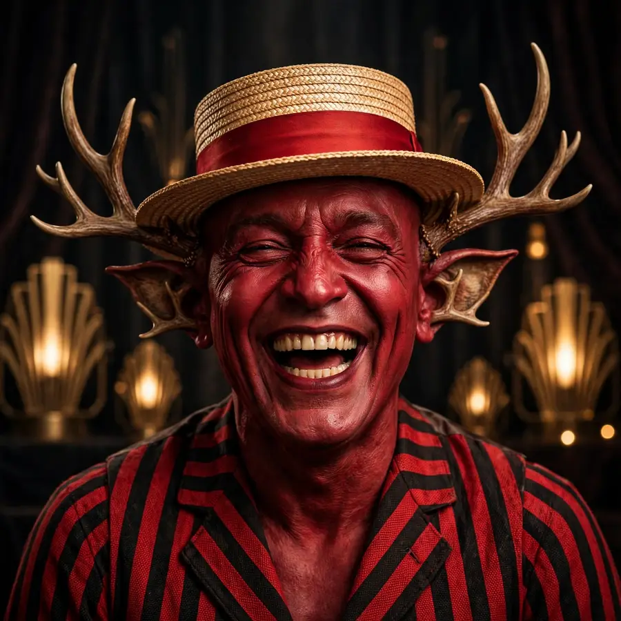 Funny Alastor pfps: original straw boater hat and striped jacket laugh