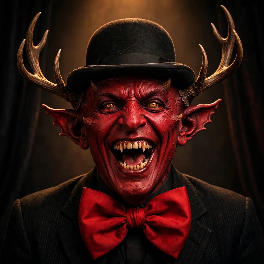 Funny Alastor pfp: original bowler hat roar with a giant red bowtie
