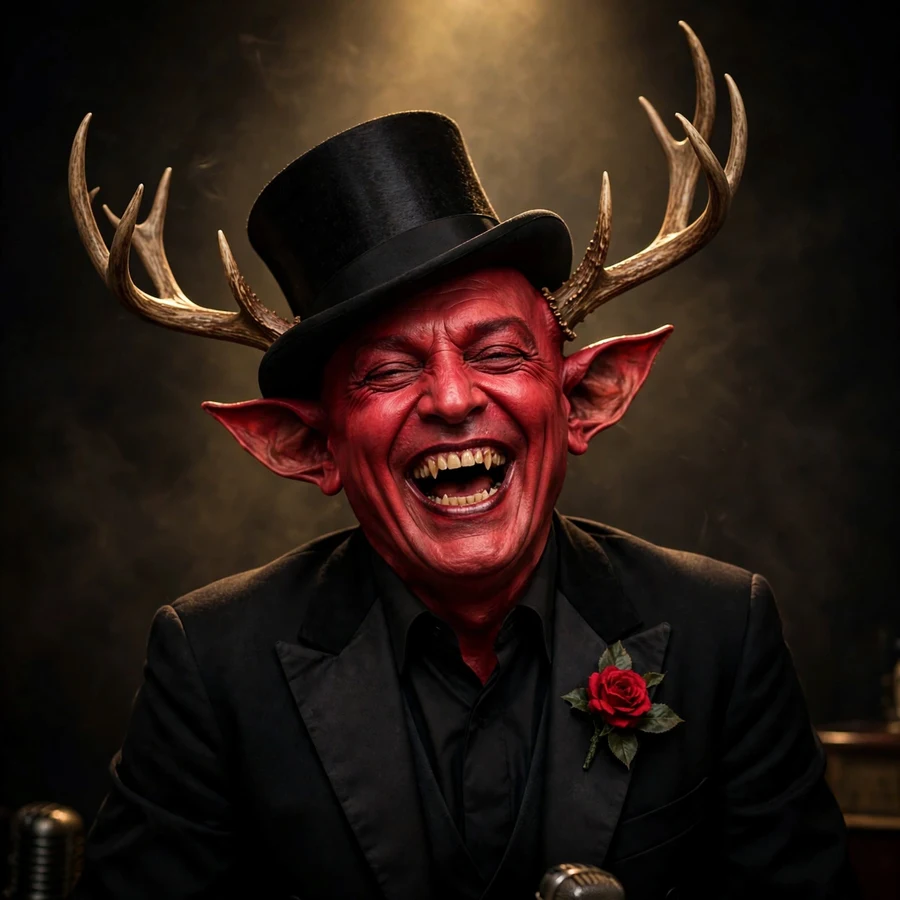 Alastor pfp laughing: original top hat laugh with a red rose