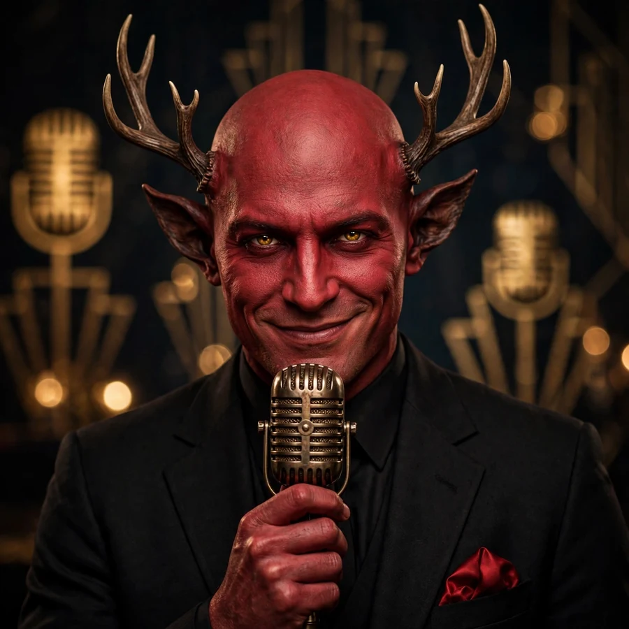 Alastor pfp radio demon: original portrait holding a vintage microphone