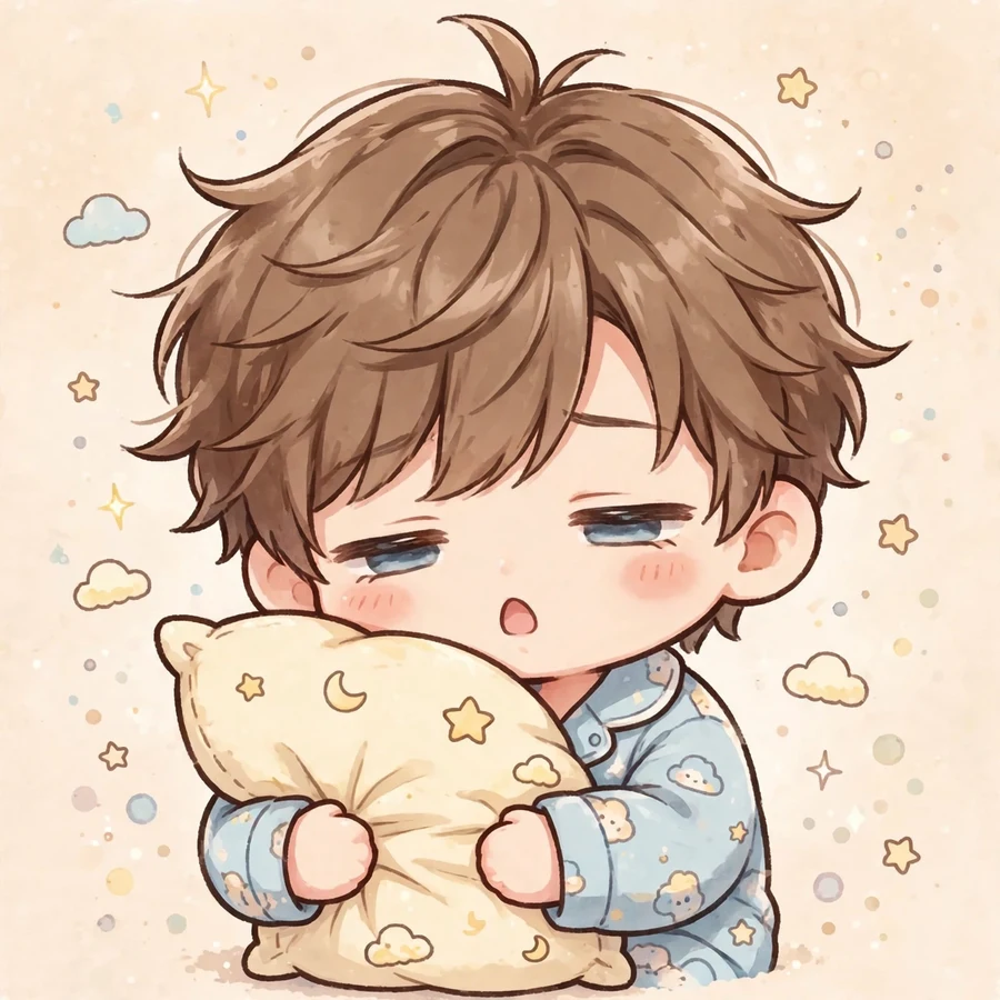Chibi anime pfp: original sleepy chibi boy holding pillow portrait