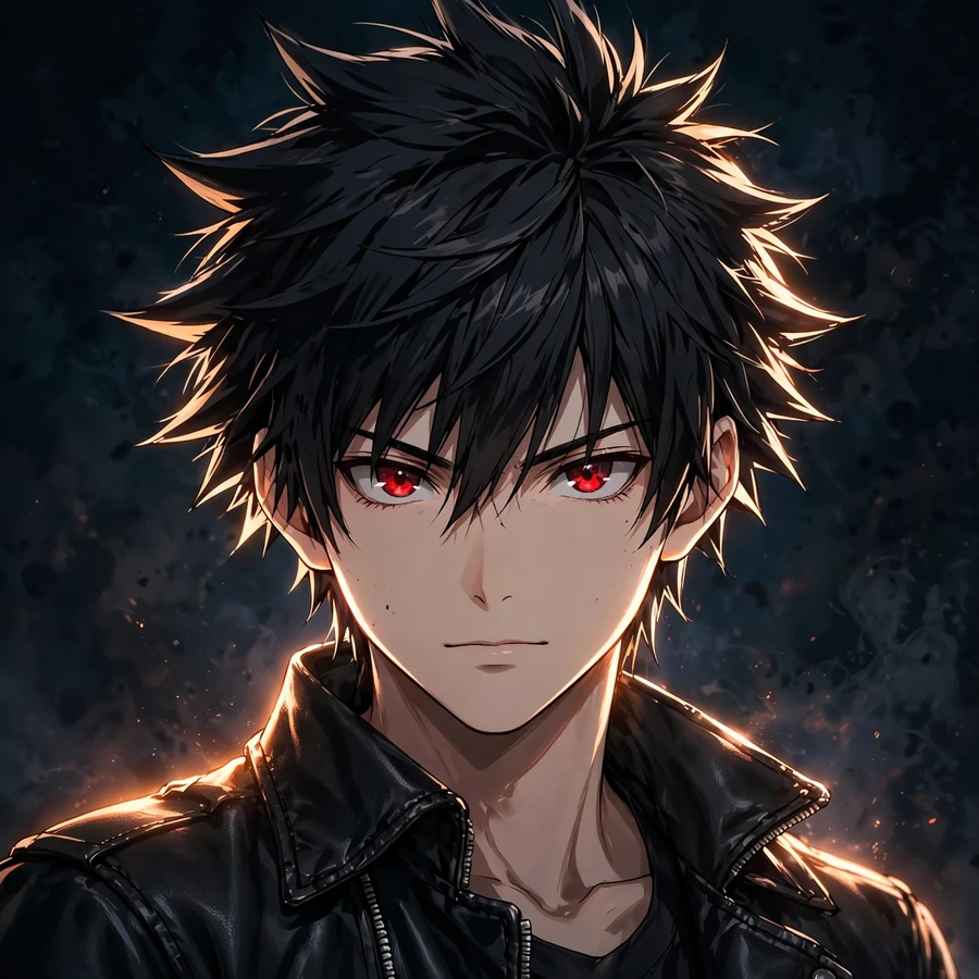 Cool anime pfp: original anime boy with spiky black hair and red eyes portrait