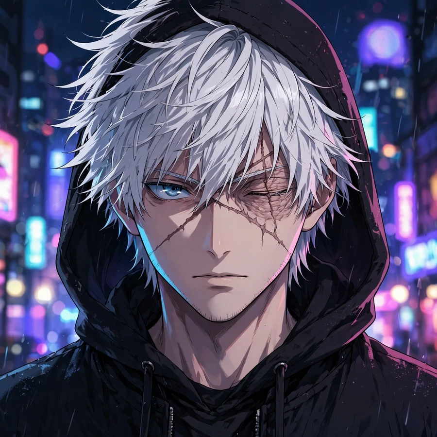Cool anime pfp: original white-haired anime character with scar and neon lights