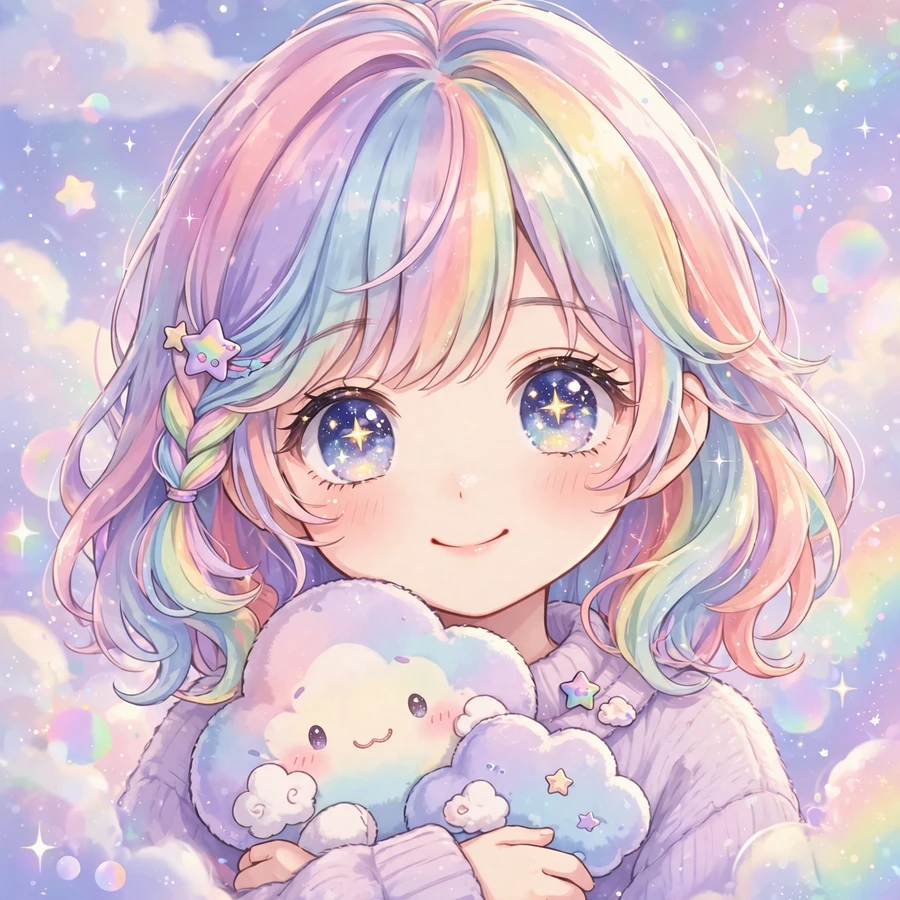 Anime pfps: original cute pastel rainbow-haired anime character portrait