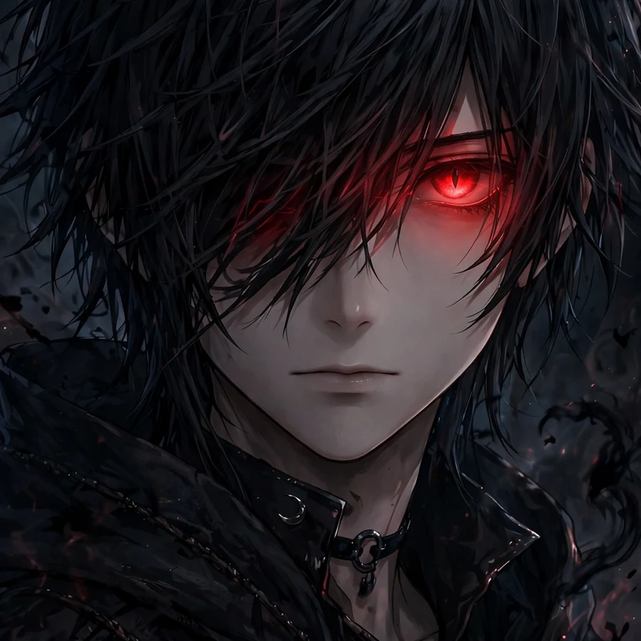 Dark anime pfp: original shadowed anime boy with glowing red eyes