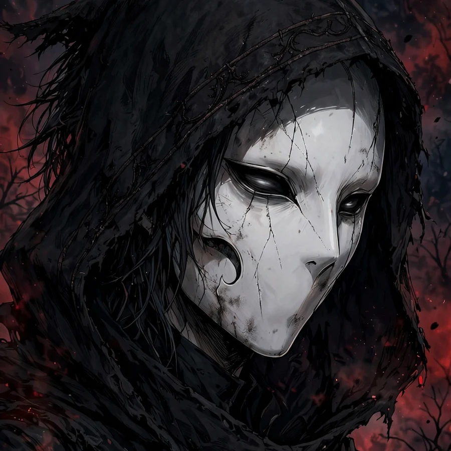 Dark anime pfp: original masked anime character with red moon background