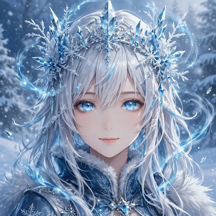 Anime pfps: original fantasy girl with crystal crown and ice magic