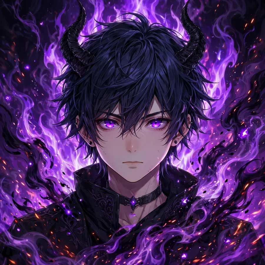 Fantasy anime pfp: original demon boy with purple flames background