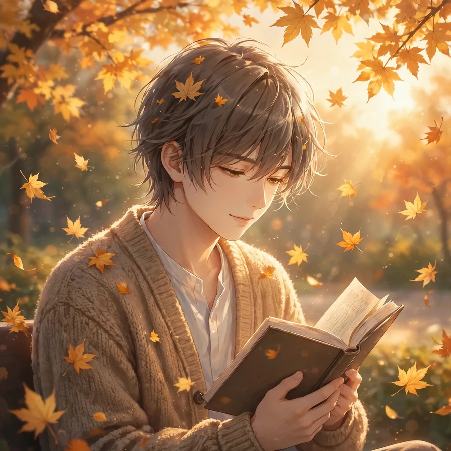 Aesthetic anime boy pfp: calm boy reading under golden-hour glow with falling leaves