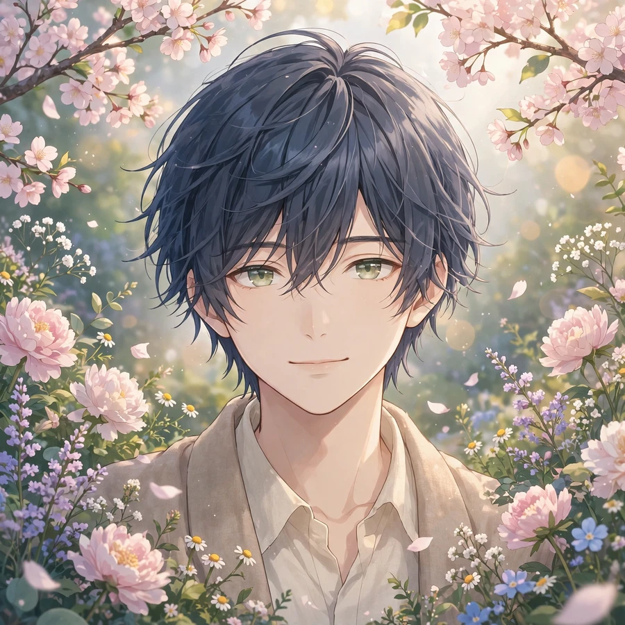 Aesthetic pfp boy anime: serene boy with flowers and soft morning light