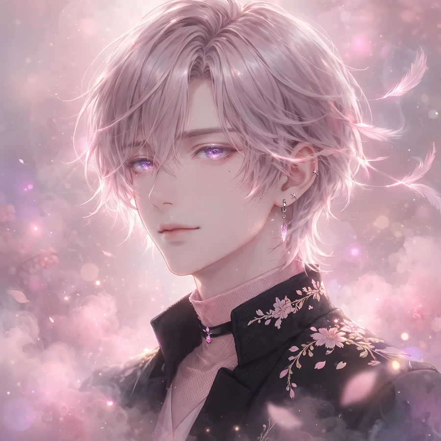 Anime boy femboy aesthetic pfp: stylish androgynous boy in dreamy pink haze