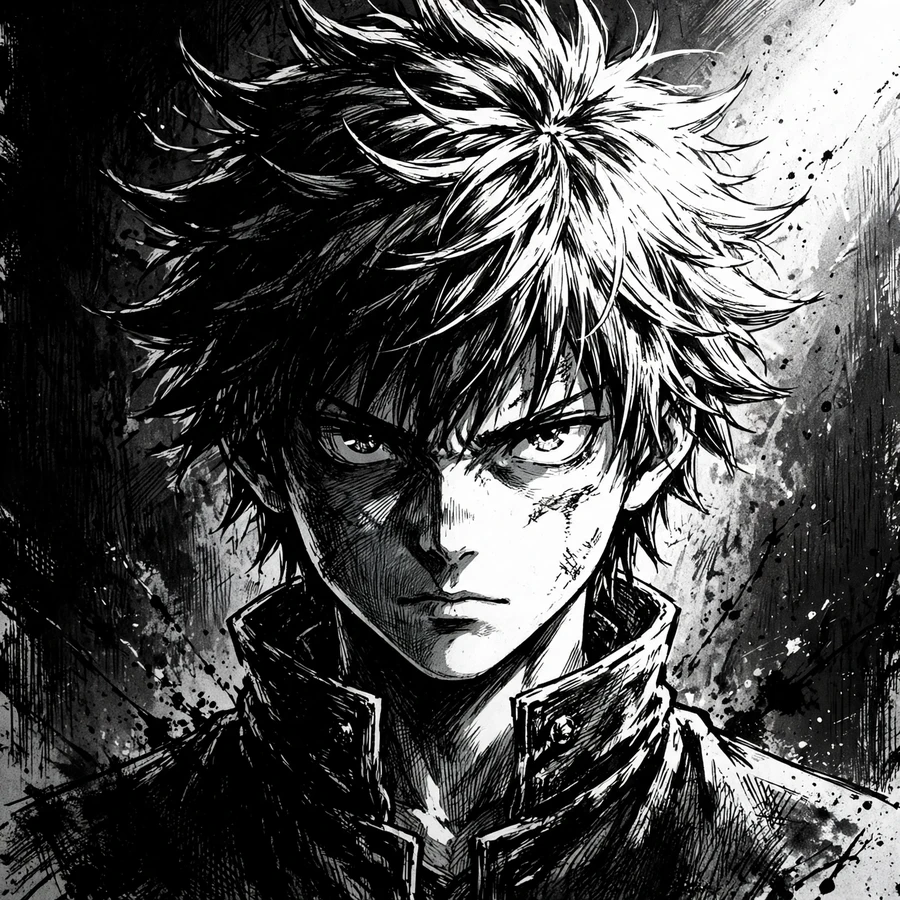 Black and white anime pfp boy: manga-style boy with inked shadows and bold lines