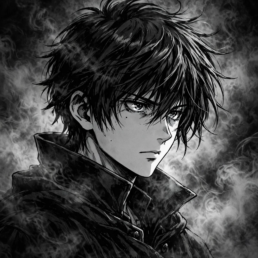 Pfp aesthetic anime boy black and white: moody boy in fog with stark contrast