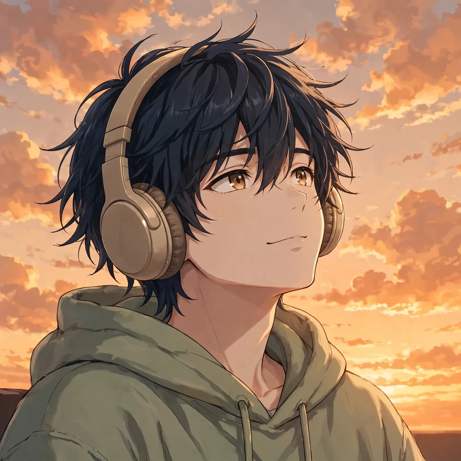 Chill anime pfp boy: relaxed boy with headphones watching clouds at sunset